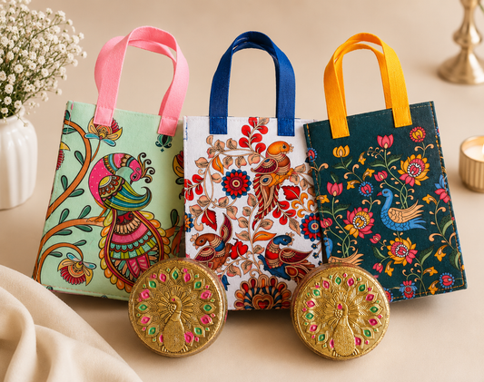 Peacock Print Felt Gift Bag with Meenakari Stainless Steel Tiffin Box Combo | Return Gift Hamper | Ready Stock
