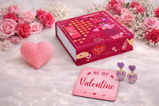 Valentine Gift Combo Set – Heart Candle + Gift Box + Fridge Magnet + Earrings | Romantic Gift for Her