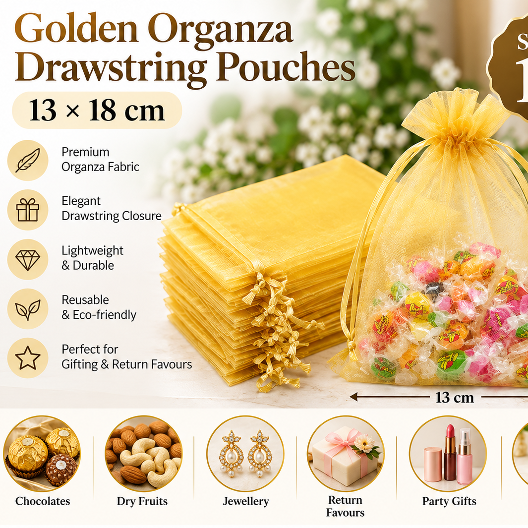 Golden Organza Drawstring Pouches ( 5*7 in )- Set of 10 | Gift Packaging Bags | Jewellery, Dry Fruits & Return Favours