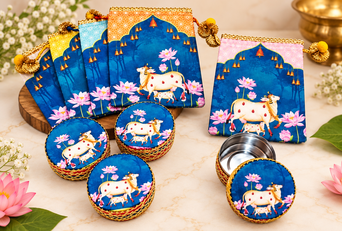Pichwai Return Gift Set of 10 | Potli Bags & Stainless Steel Boxes | Housewarming Gifts | Bulk Purchase