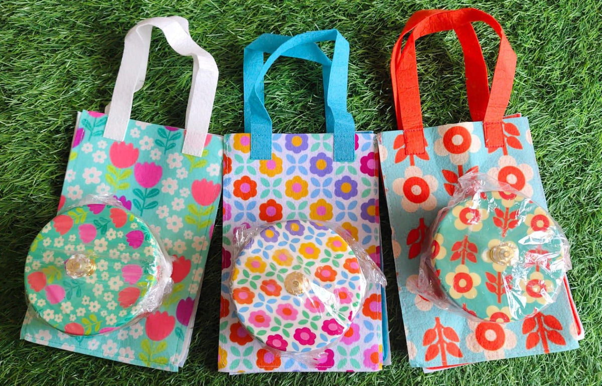 Diwali Gift Combo Set of 6 | Printed Metal Jars with Matching Felt Bags | Festive Return Gifts