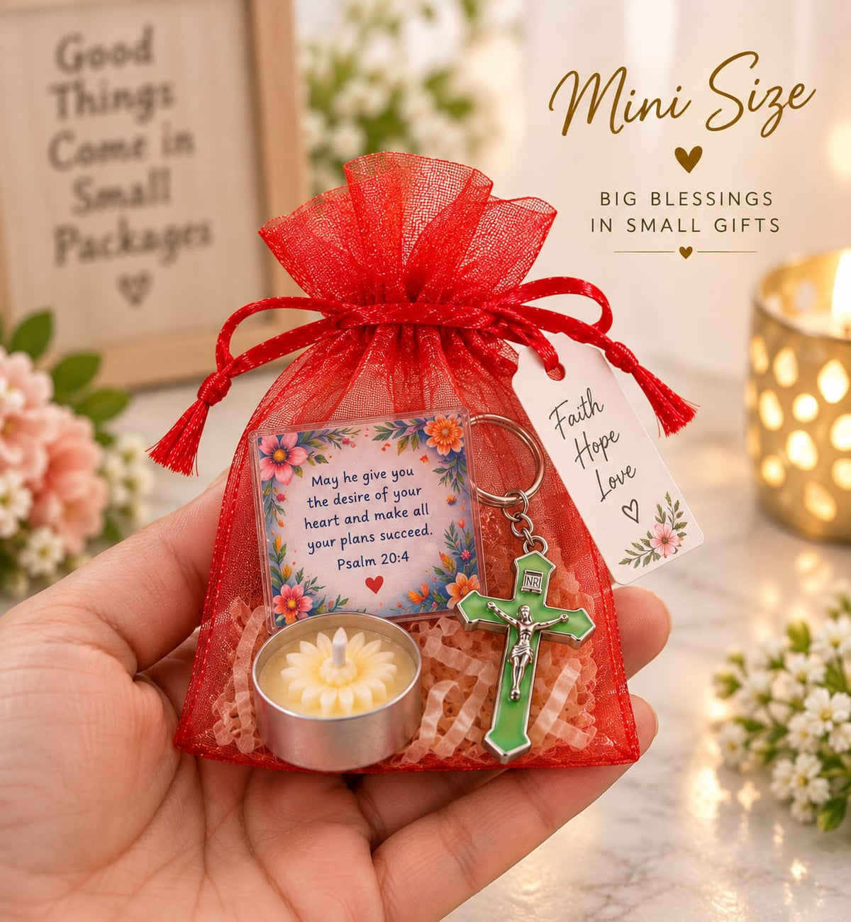 Faith & Blessings Gift Set | Cross Keychain, Candle, Magnet & Gift Box