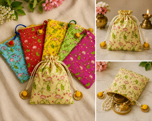 🌺 Fabric Potli Gift Bags 7×9 Inch | Wedding & Return Gift Bags | Set of 10