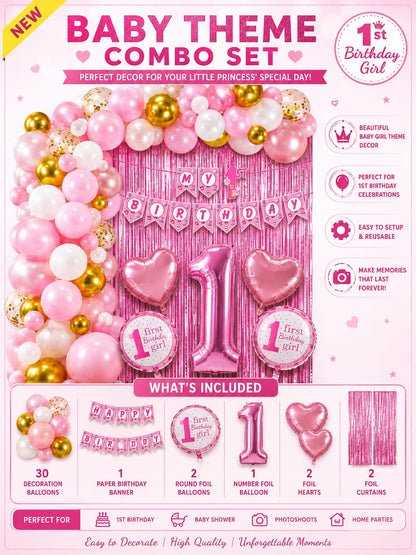 Baby Girl 1st Birthday Decoration Combo Set | Pink & Gold Balloon Party Decoration Kit