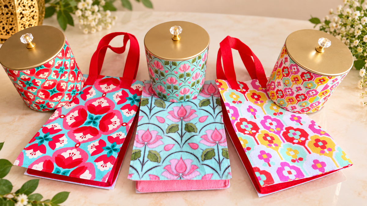 Diwali Gift Set of 6 – Digital Printed Metal Pillar Jars with Matching Felt Bags | Festive Return Gifts & Premium Gifting