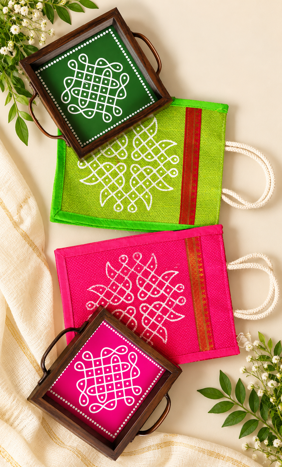 Kolam Print Jute Bag & MDF Kolam Tray Combo Gift [Set of 6] | Traditional Return Gifts & Festive Gifting Diwali special