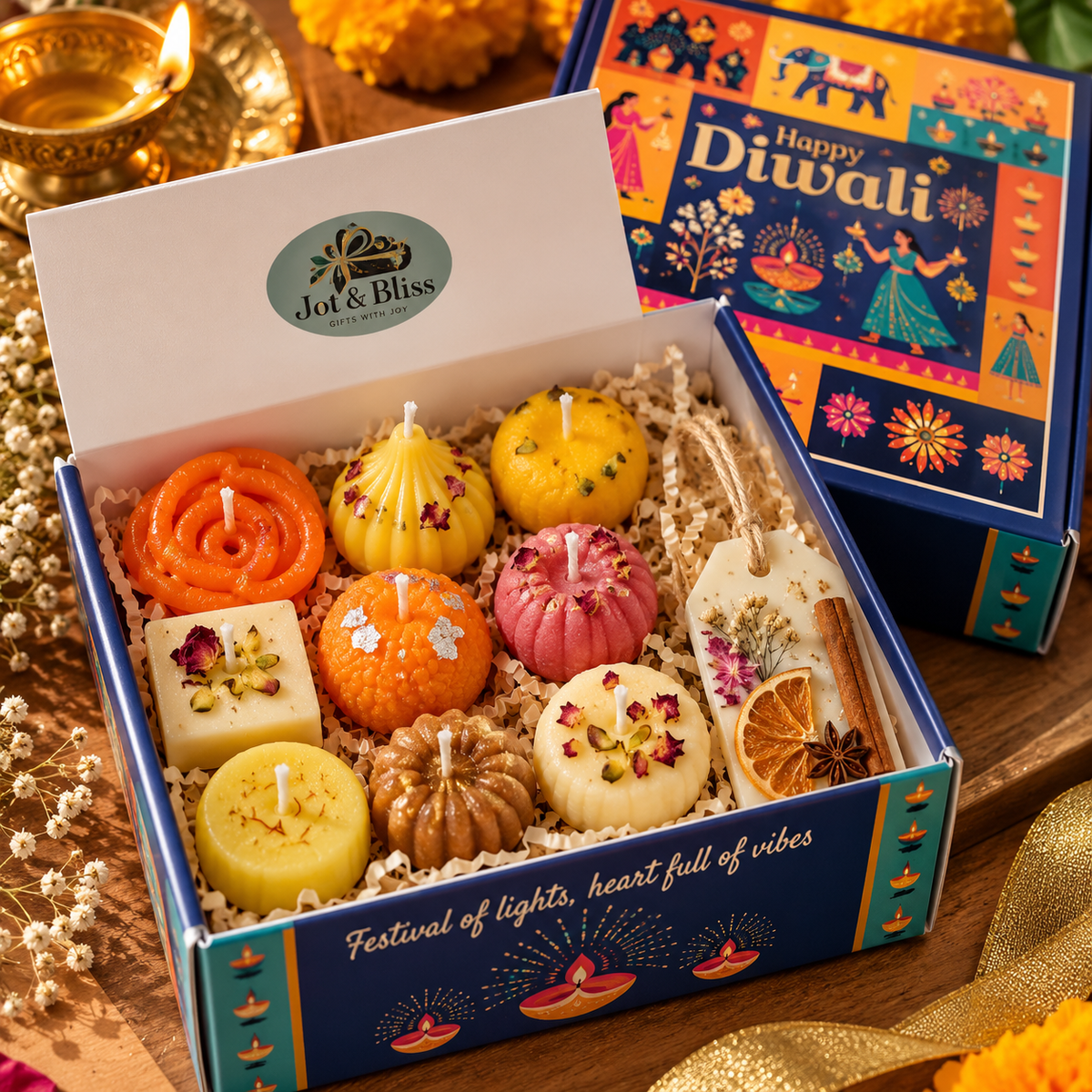 Diwali Gift Hamper – 9 Assorted Mithai Candles & 1 Wax Sachet | Festive Gift Box