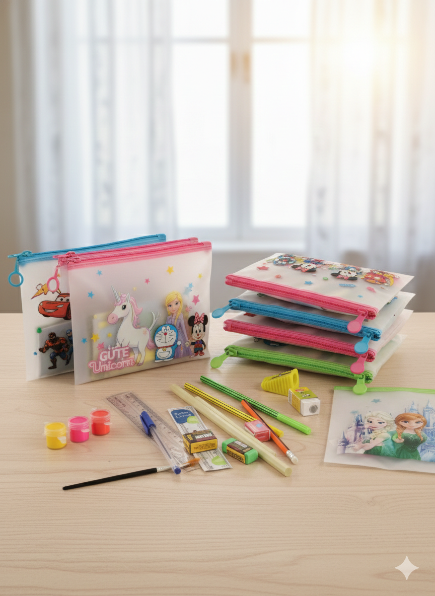 Birthday Return Gift Stationery Kit for Kids – Cartoon Pouch | Set of 10