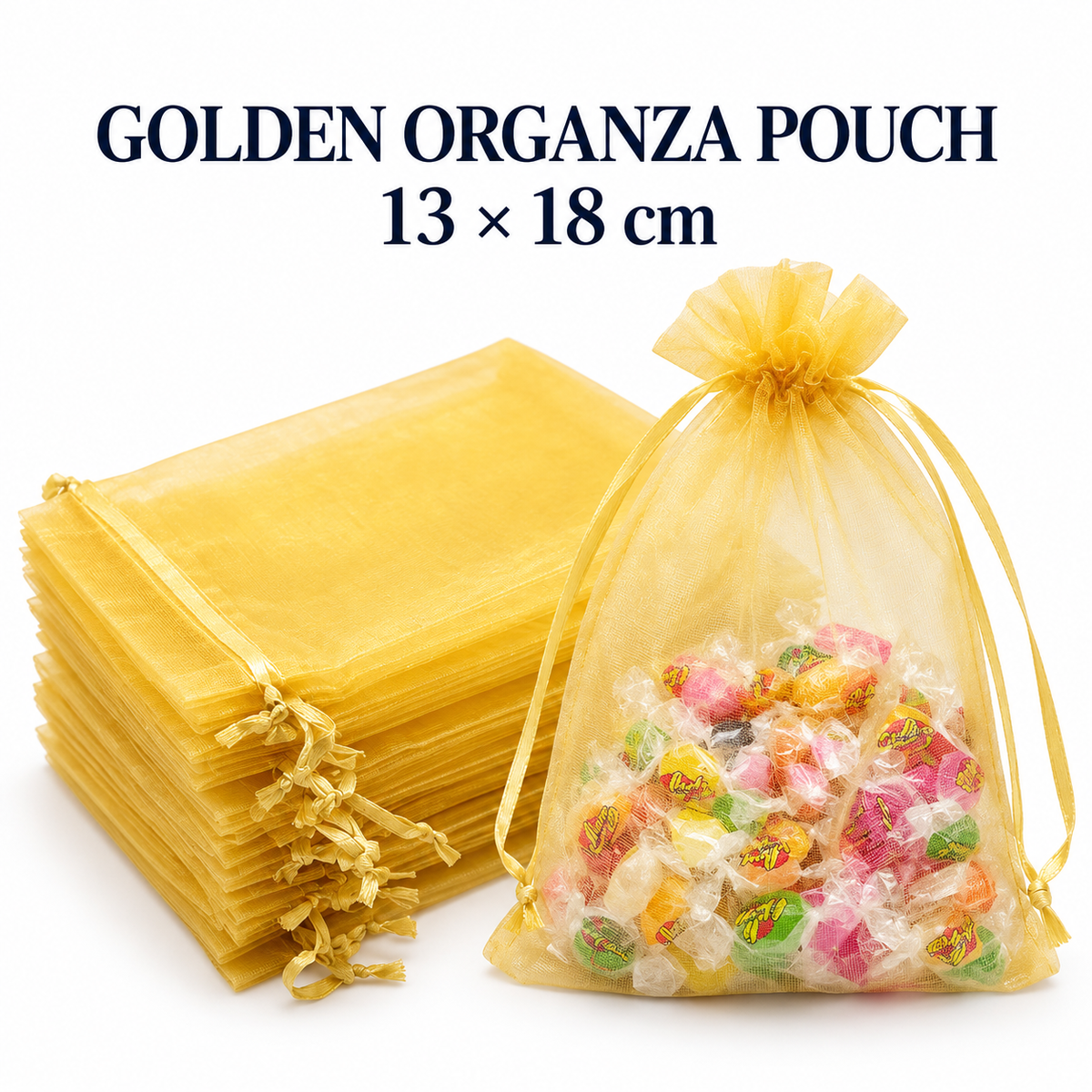 Golden Organza Drawstring Pouches ( 5*7 in )- Set of 10 | Gift Packaging Bags | Jewellery, Dry Fruits & Return Favours