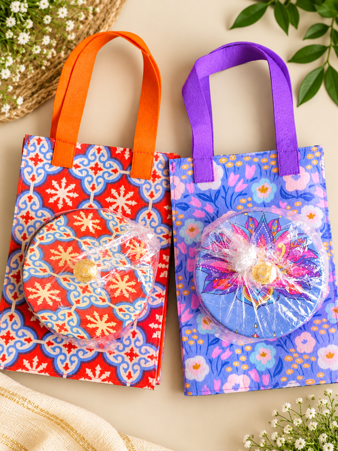 Diwali Gift Combo Set of 6 | Printed Metal Jars with Matching Felt Bags | Festive Return Gifts