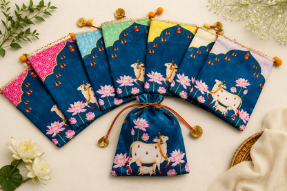 Ethnic Potli Gift Bag 7×9 Inch | Cow & Lotus Motif | Housewarming Return Gift