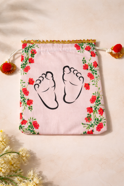 Baby Feet Printed Potli Bags 7×9 Inch | Baby Shower & Naming Ceremony Return Gift Bags | Pack of 10
