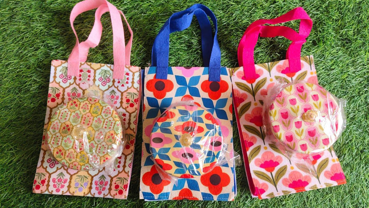 Diwali Gift Combo Set of 6 | Printed Metal Jars with Matching Felt Bags | Festive Return Gifts