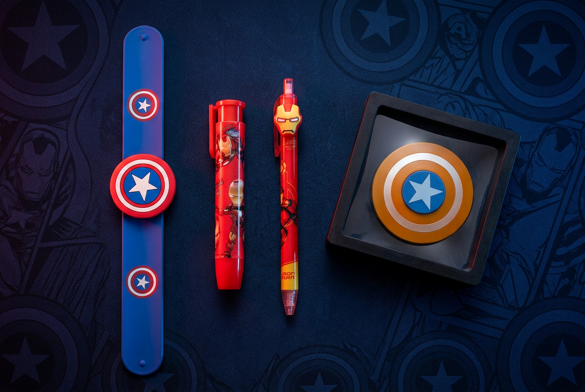 Superhero Gift Combo for Kids | Slap Band, Pen Eraser, Fancy Pen & Spin Wheel