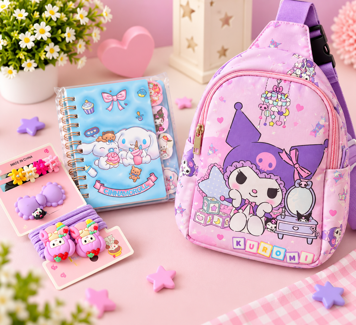Kuromi Gift Combo for Kids | Chest Crossbody Bag, Spiral Diary & Hair Accessories