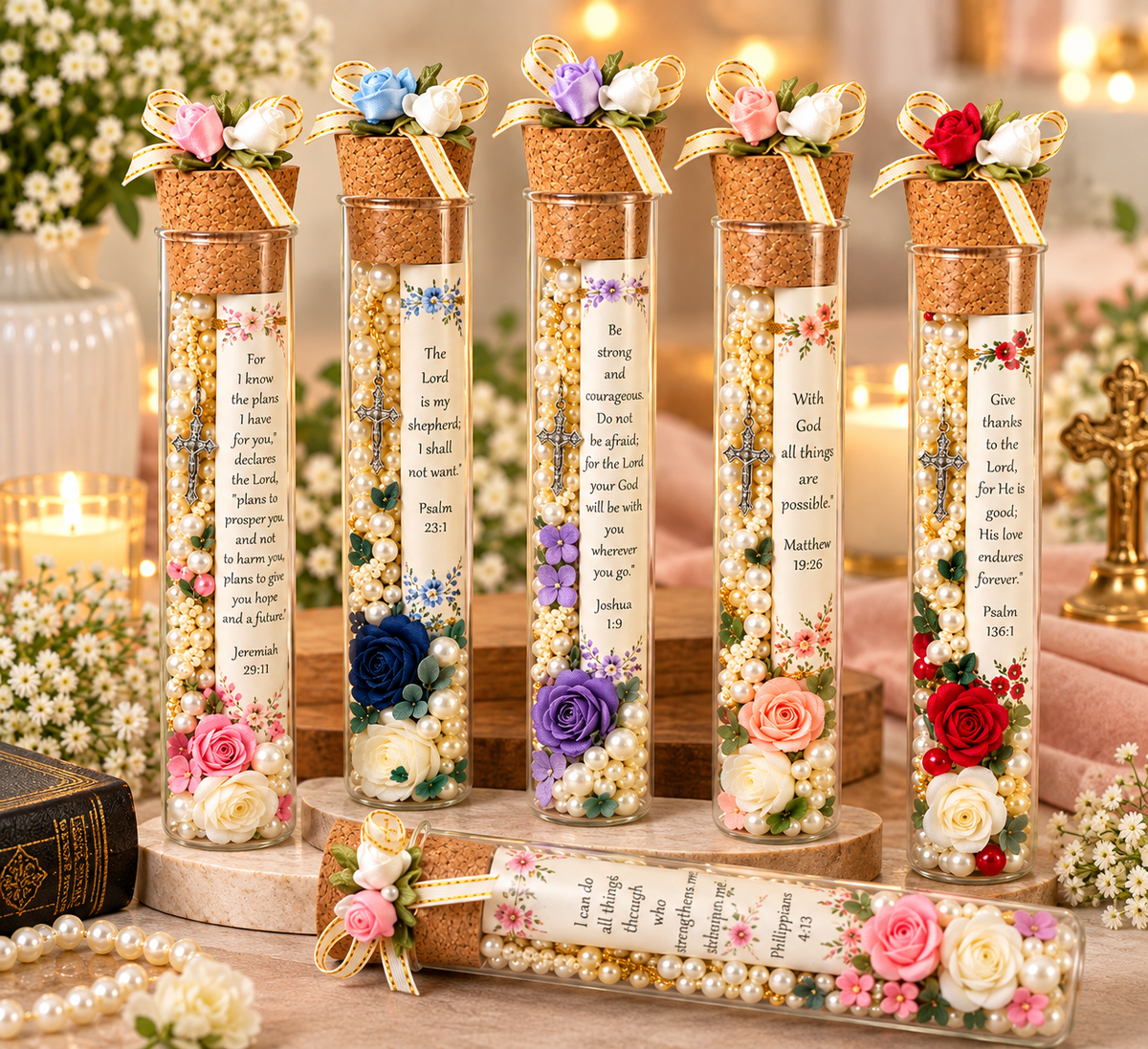 Personalized Bible Verse Glass Tube Gift | Christian Keepsake with Rosary cross  & Flowers