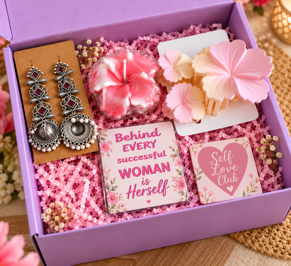 Women’s Self-Love Gift Hamper – Oxidised Earrings, Hibiscus Candle, Flower Claw Clips & Motivational Magnet