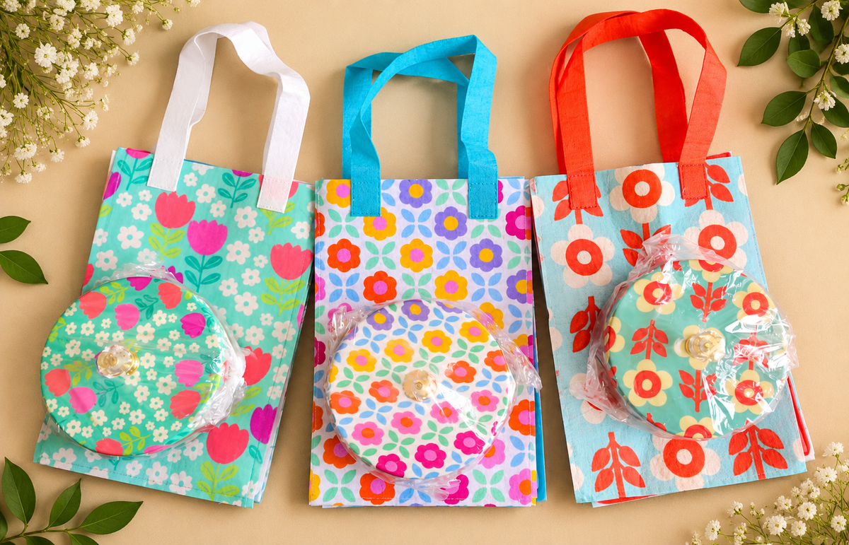 Diwali Gift Combo Set of 6 | Printed Metal Jars with Matching Felt Bags | Festive Return Gifts