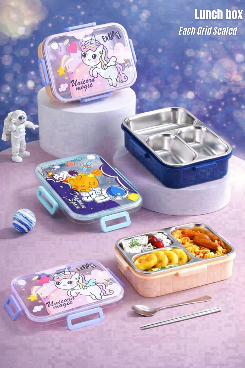 Kids Stainless Steel Compartment Lunch Box – Leakproof 4 Grid School Tiffin Box with Sealed Compartments | Cartoon Lunch Box