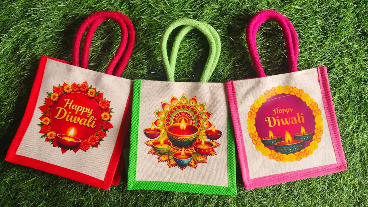 Diwali Printed Canvas Gift Bags Set of 10 | Reusable Diwali Return Gift Bags | 6×6×4 Inches