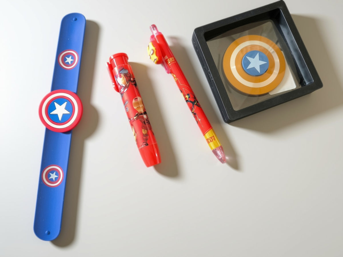 Superhero Gift Combo for Kids | Slap Band, Pen Eraser, Fancy Pen & Spin Wheel