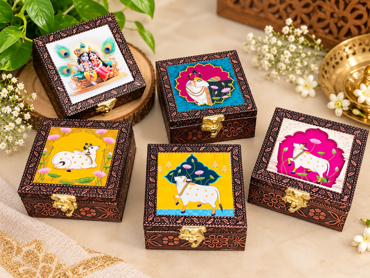 Wooden Copper Oxidised Pichwai Print Jewellery Box – 4×4 Inch | Mix Designs