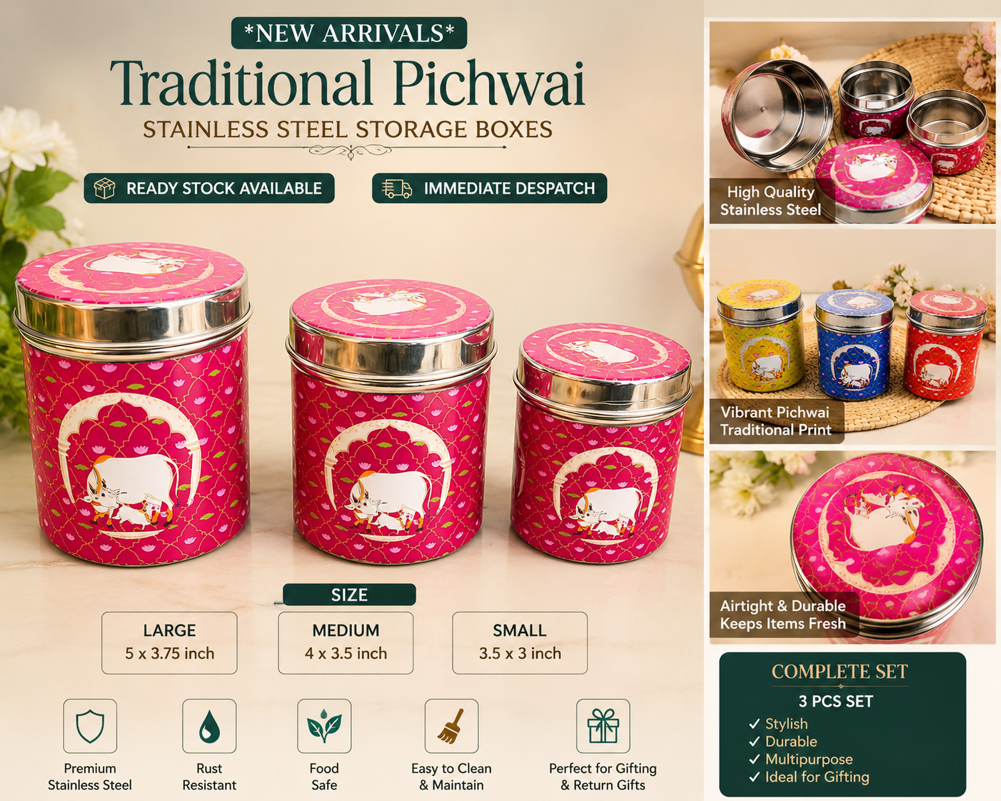 Pichwai Printed Stainless Steel Storage Boxes – 3 Piece Set