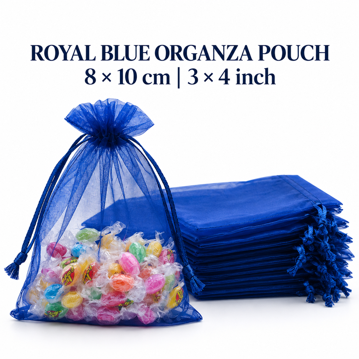 Royal Blue Organza Drawstring Pouches 3*4 inch – Set of 10 | Gift Bags