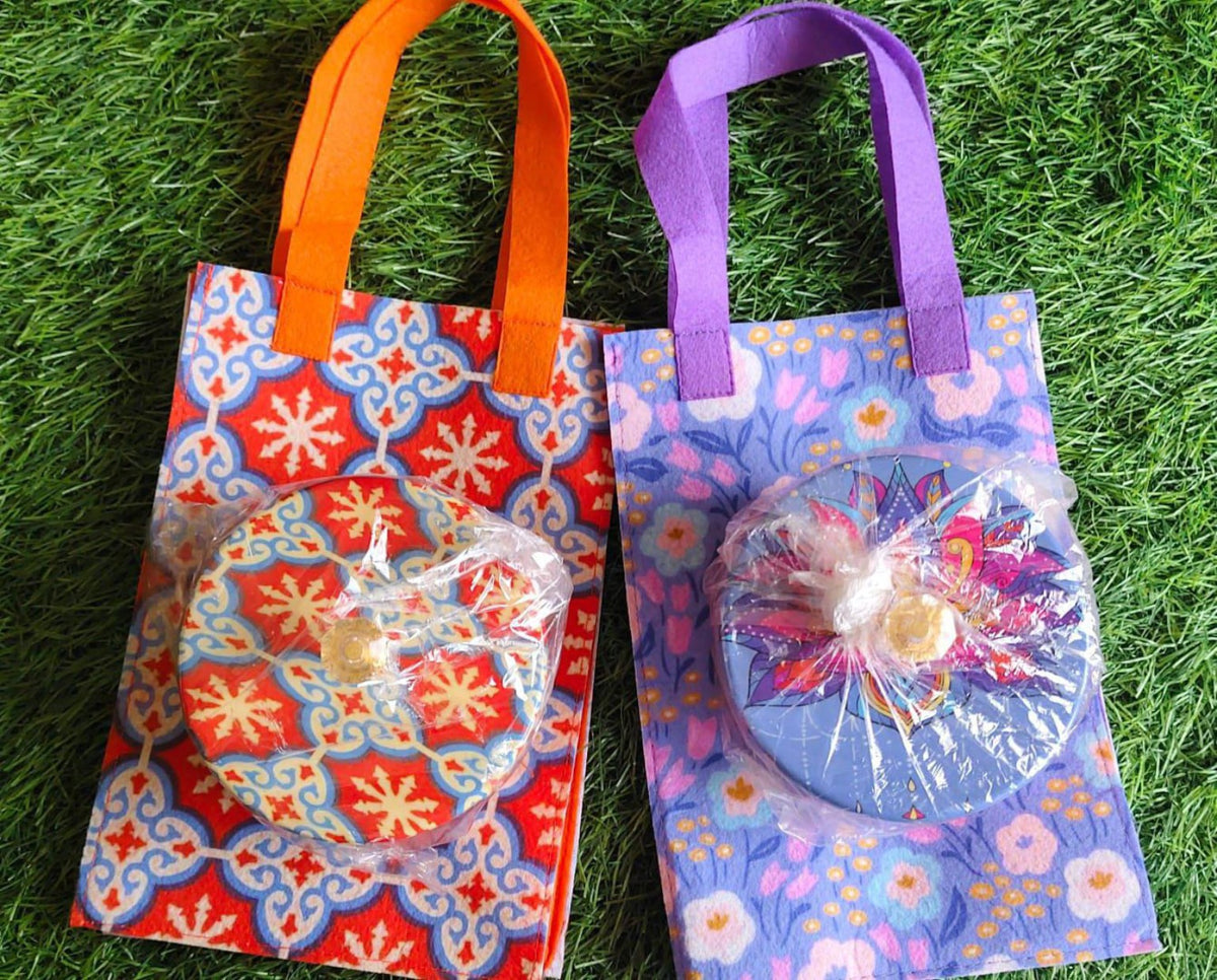 Diwali Gift Combo Set of 6 | Printed Metal Jars with Matching Felt Bags | Festive Return Gifts