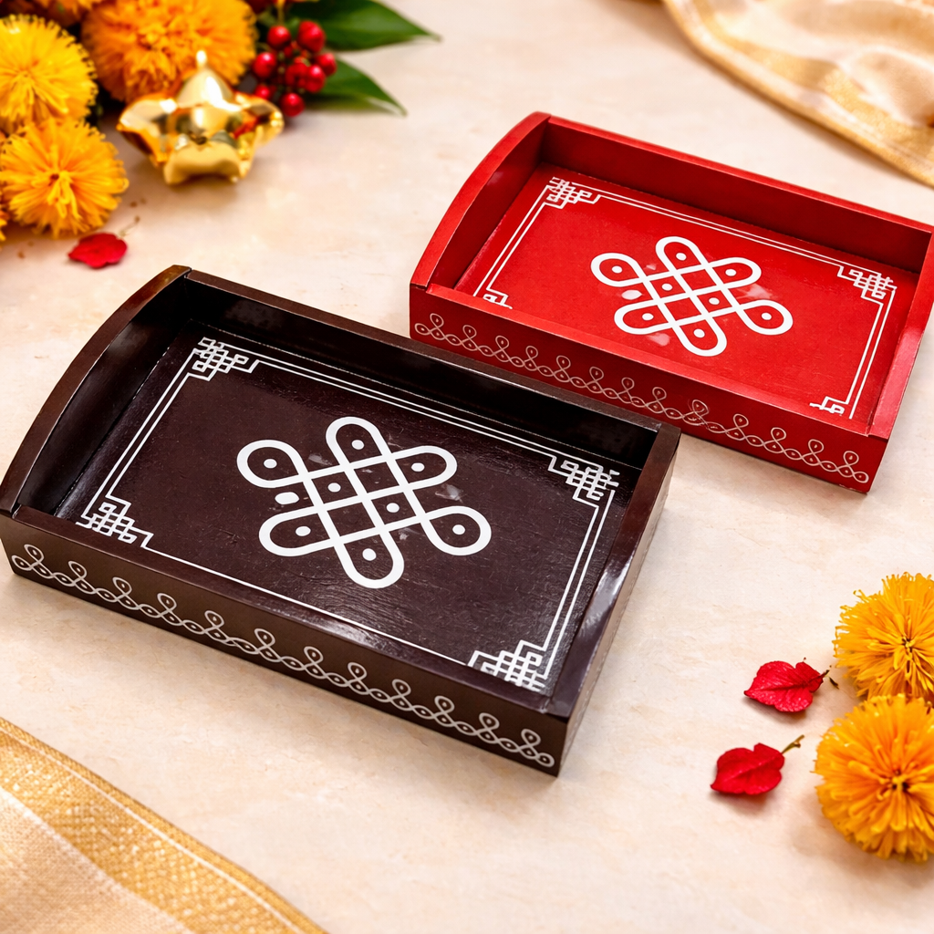Traditional MDF Decorative Tray – 6 x 4 Inch | Black & Red Design