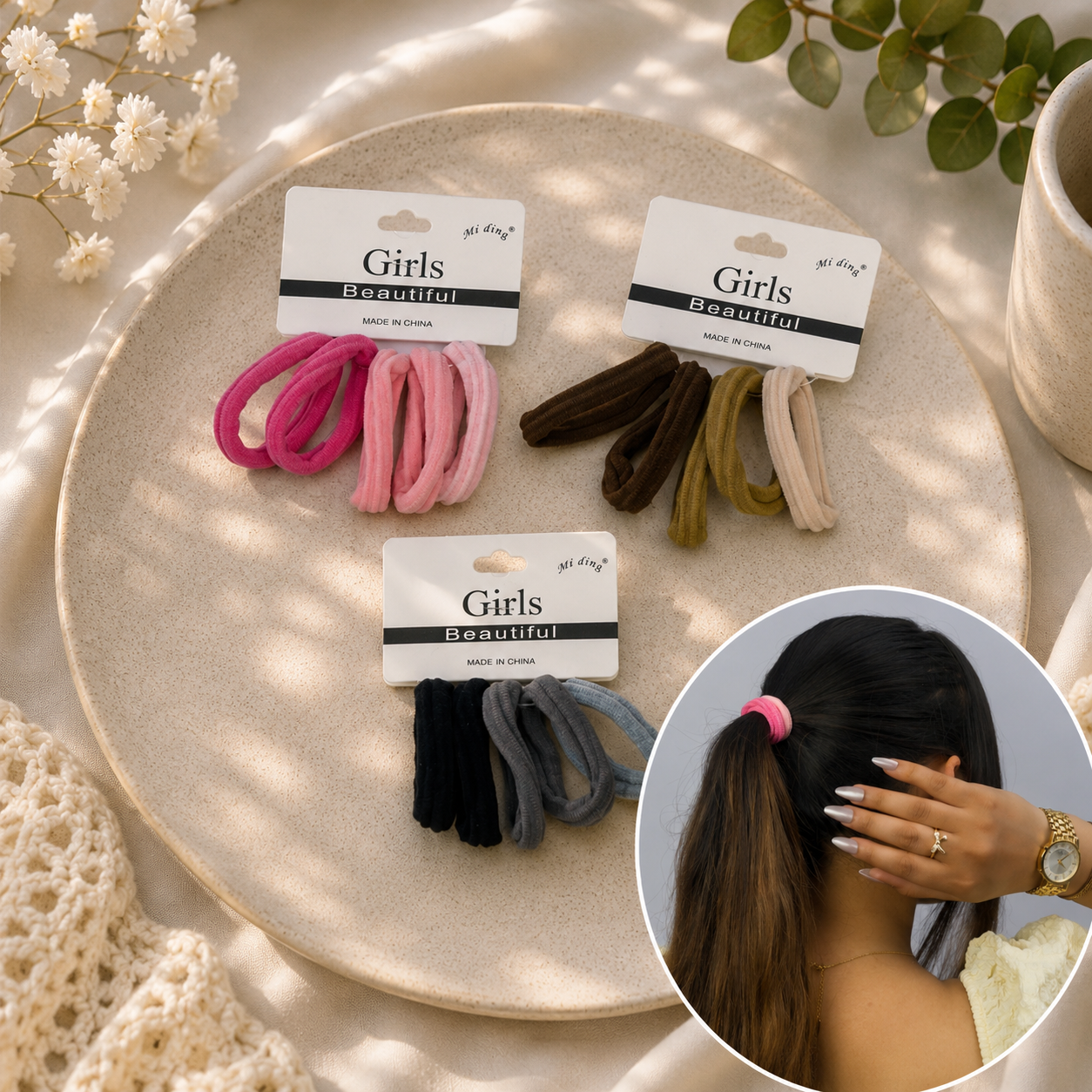 Soft Nylon Hair Bands Set for Girls | No Damage Elastic Ponytail Holders (Pack of 5)
