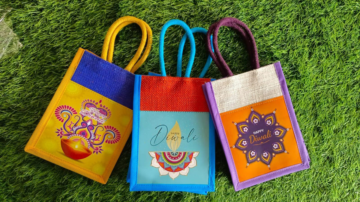 Diwali Special Jute Gift Bags Set of 10 | Printed Diwali Return Gift Bags | 8×6×4 Inches