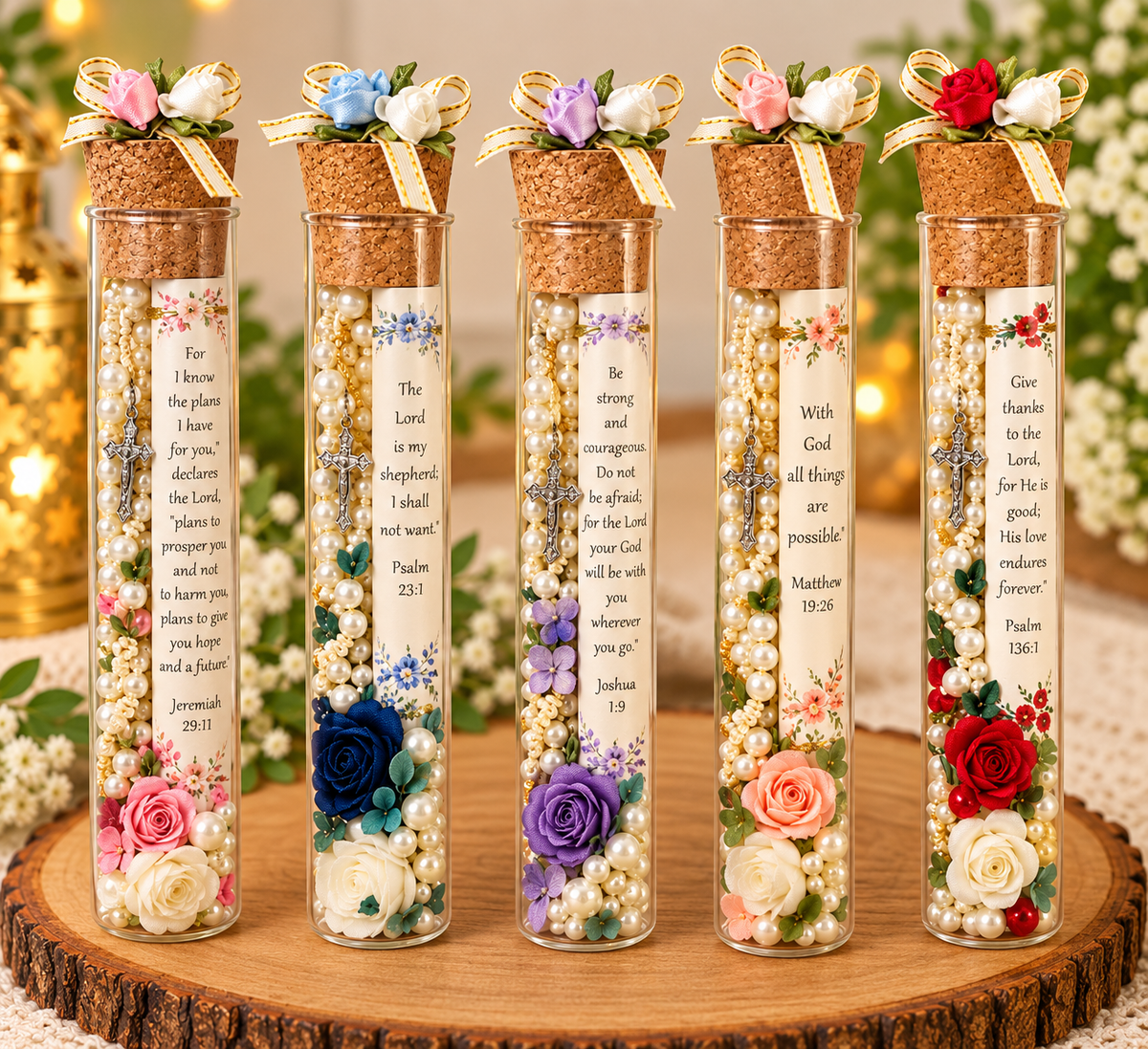 Personalized Bible Verse Glass Tube Gift | Christian Keepsake with Rosary cross  & Flowers