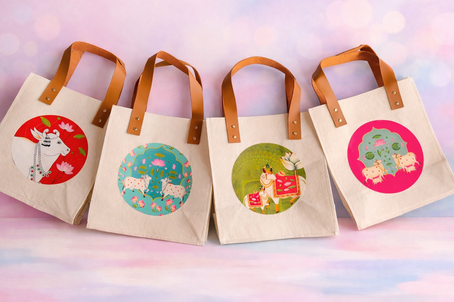 Pichwai Print Felt Gift Bags with Leather Finish Handles – 8×8×4 Inch Return Gift Bags (Set of 5)