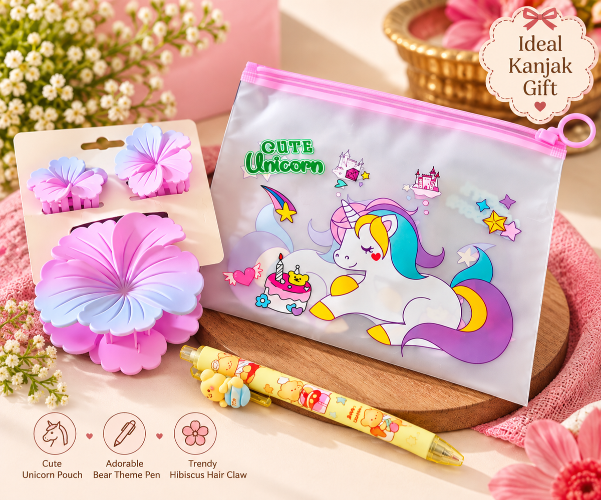 Kanjak Gift Combo – Unicorn Zipper Pouch, Cute Bear Pen & Hibiscus Hair Claw set