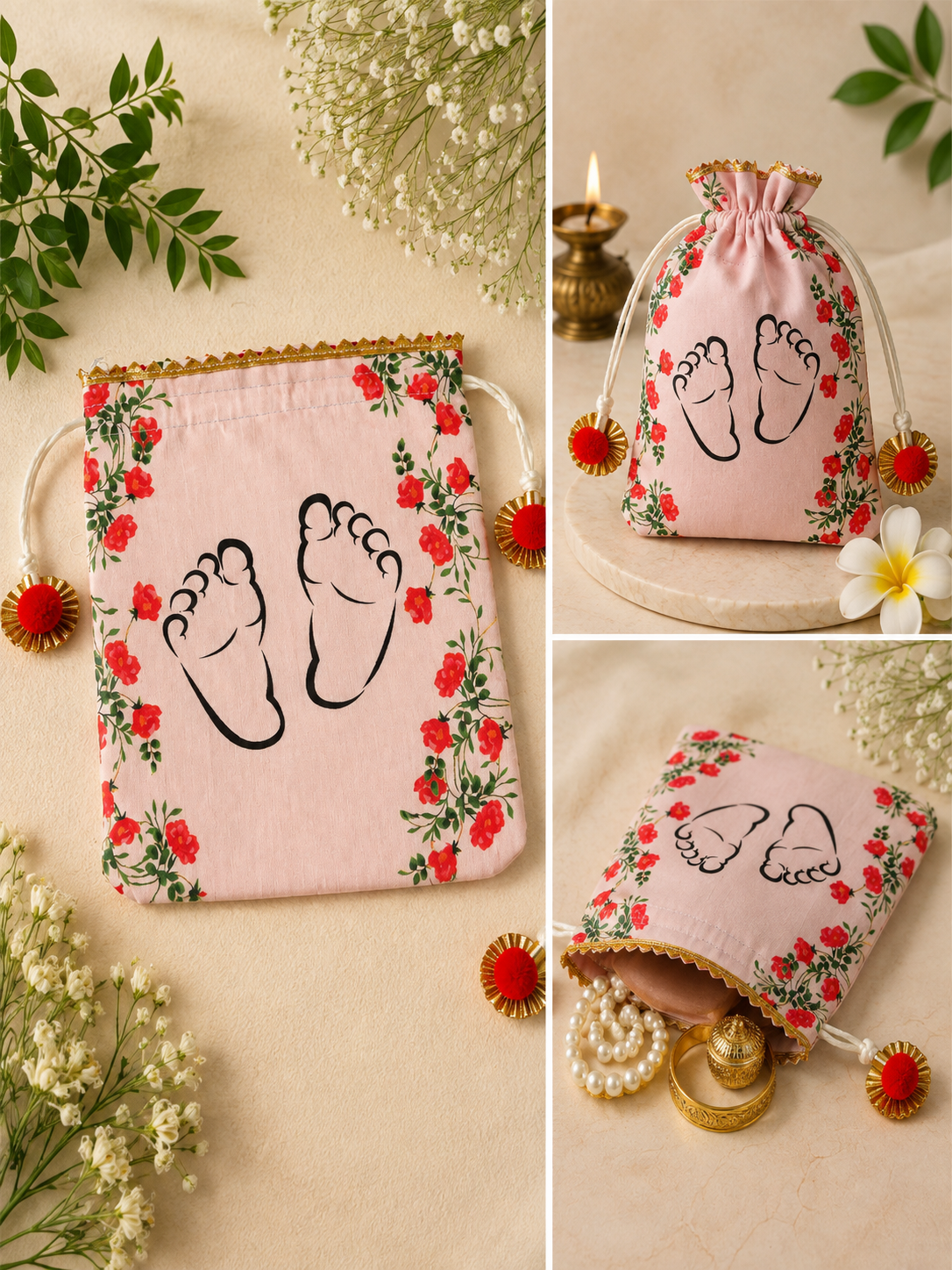 Baby Feet Printed Potli Bags 7×9 Inch | Baby Shower & Naming Ceremony Return Gift Bags | Pack of 10