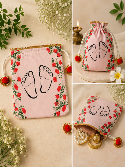 Baby Feet Printed Potli Bags 7×9 Inch | Baby Shower & Naming Ceremony Return Gift Bags | Pack of 10