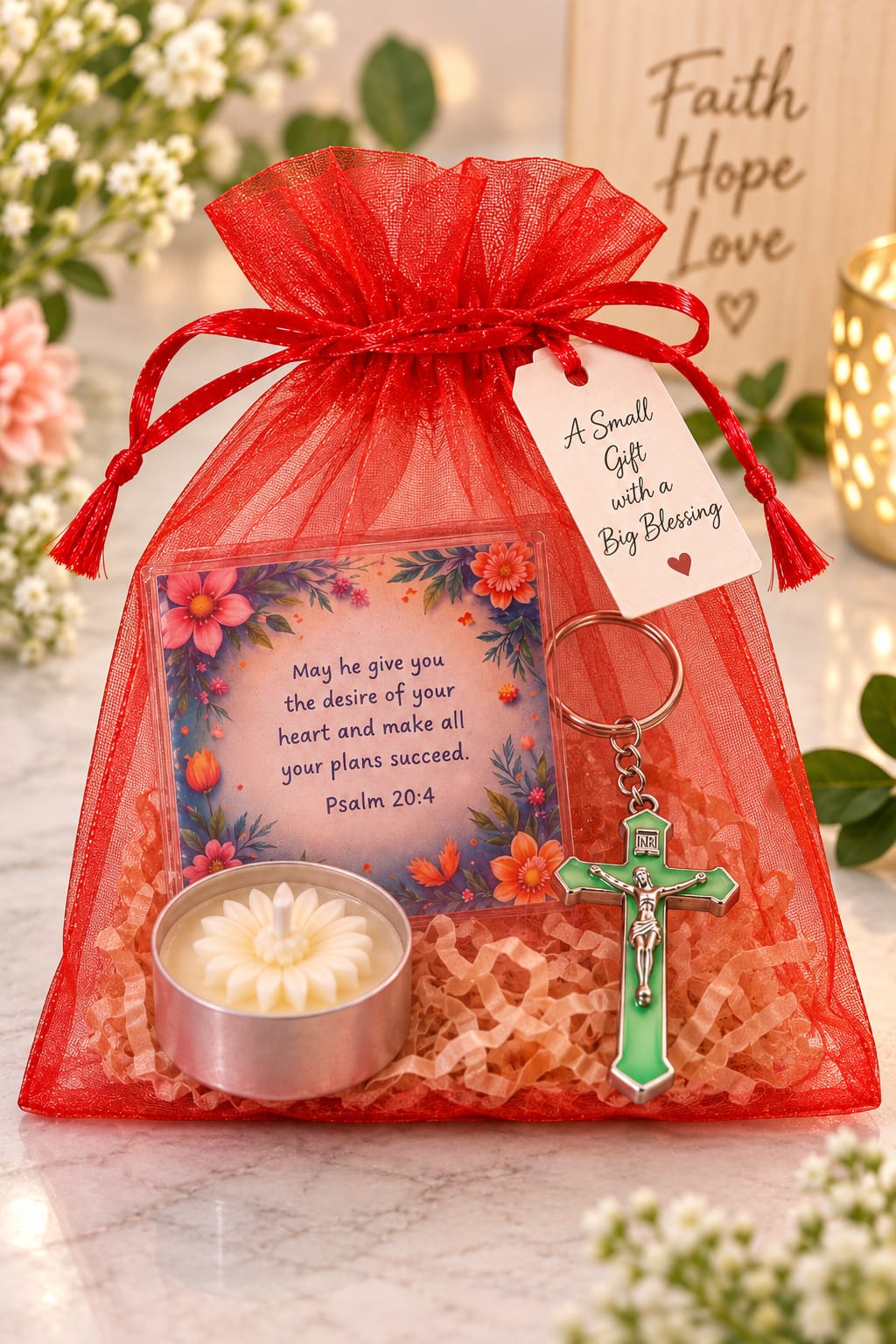 Faith & Blessings Gift Set | Cross Keychain, Candle, Magnet & Gift Box