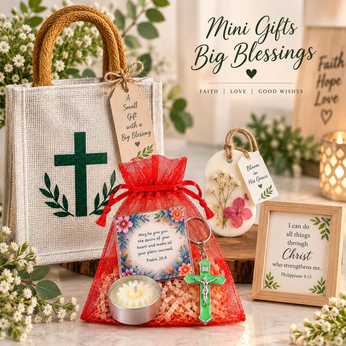 Mini Blessings Combo | Christian Gift Set with Cross Jute Bag, Bible Verse Frame & Faith Gifts