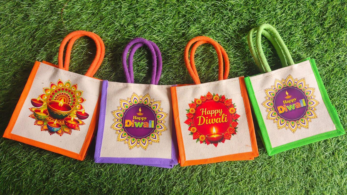 Diwali Printed Canvas Gift Bags Set of 10 | Reusable Diwali Return Gift Bags | 6×6×4 Inches