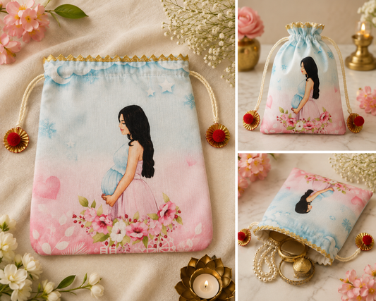 Baby Shower Potli Bags 7×9 Inch | Fabric Drawstring Return Gift Bags | Pack of 10