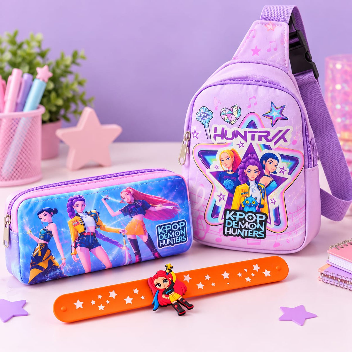 K-Pop Demon Hunters Huntrix Gift Combo | Chest Crossbody Bag, Large Pencil Pouch & Slap Band