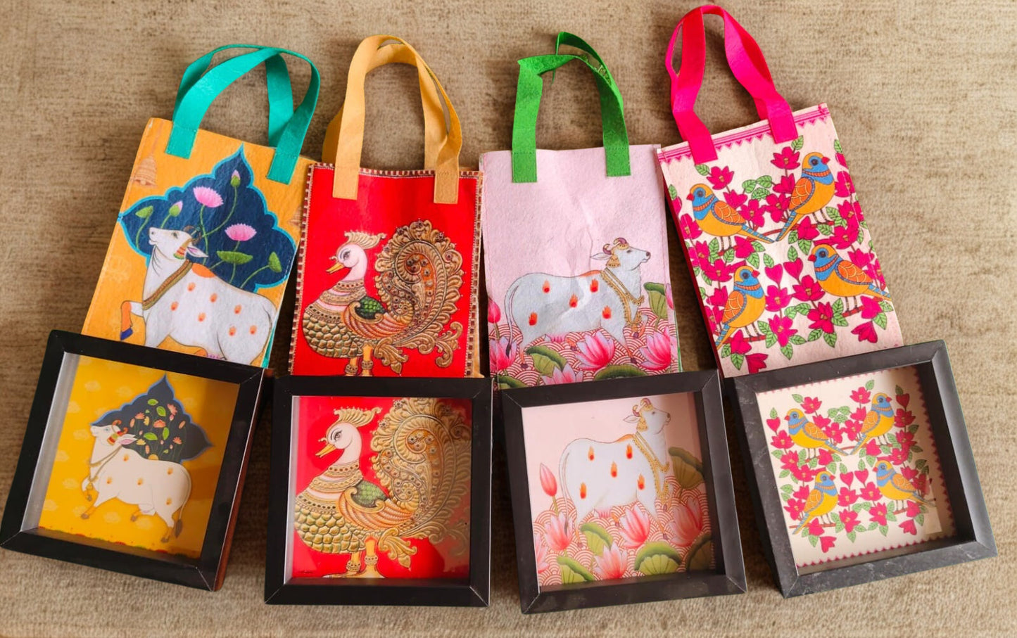 MDF Pichwai Printed Tray with Felt Bag Combo | Return Gift Set (6x6 Inch)