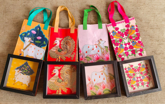 MDF Pichwai Printed Tray with Felt Bag Combo | Return Gift Set (6x6 Inch)