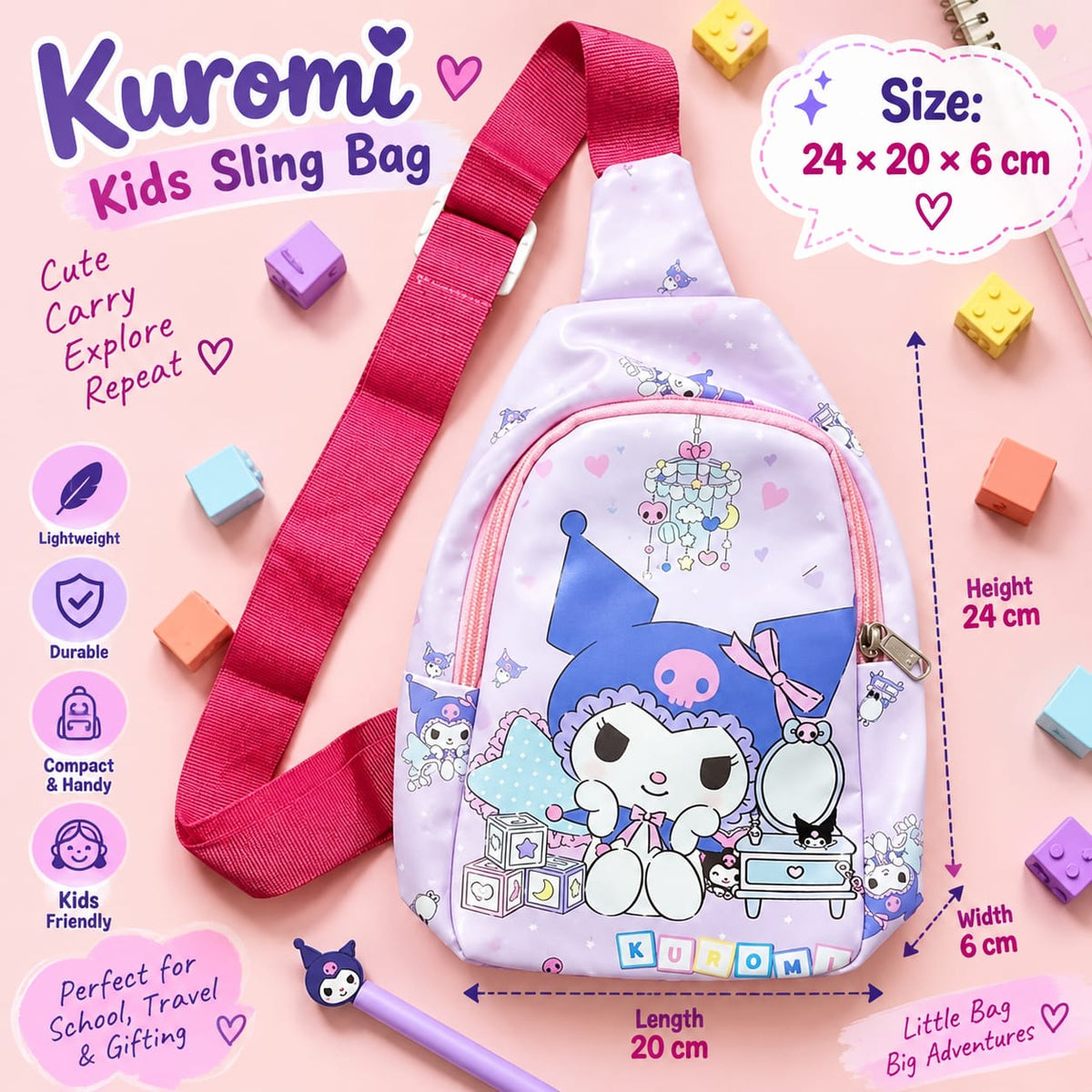 Kuromi Kids Crossbody Bag | Cute Cartoon Sling Bag for Girls | 24×20×6 cm