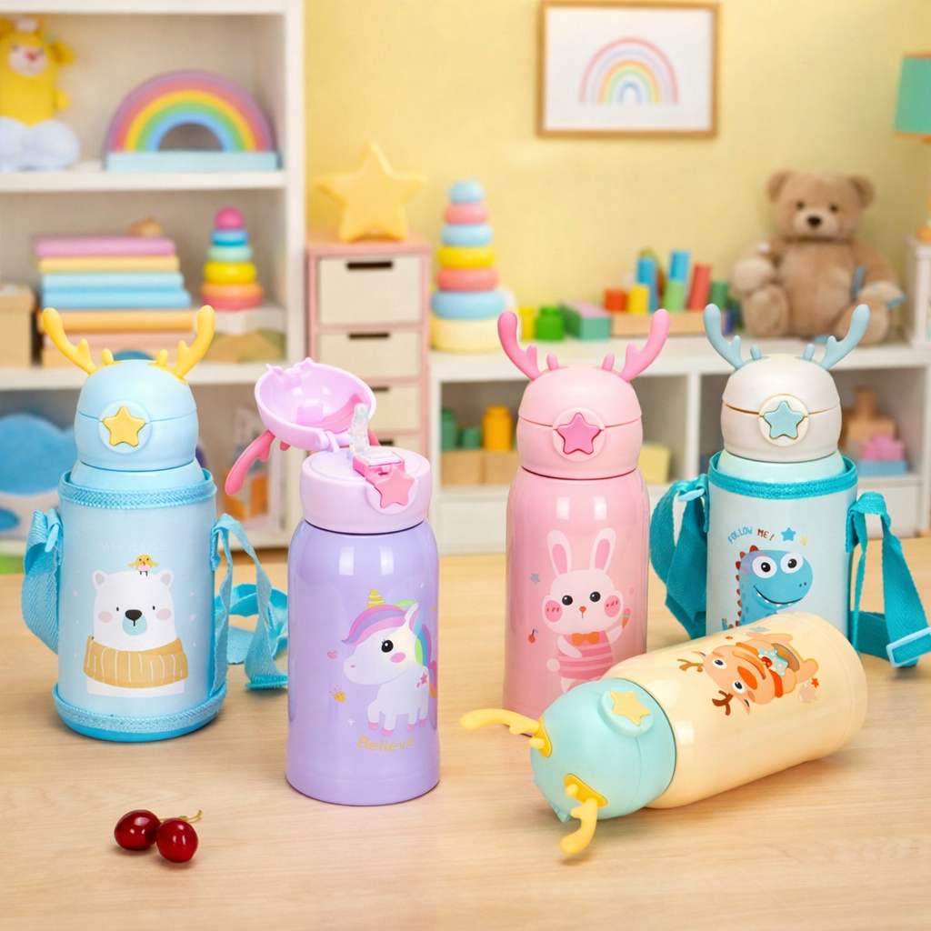 Cute Cartoon Kids Water Bottle with Straw & Carry Strap – Leakproof School Bottle
