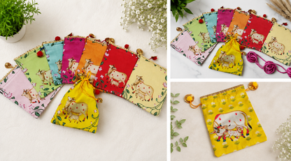 Ethnic Potli Gift Bag 7×9 Inch | Cow & Lotus Motif | Housewarming Return Gift