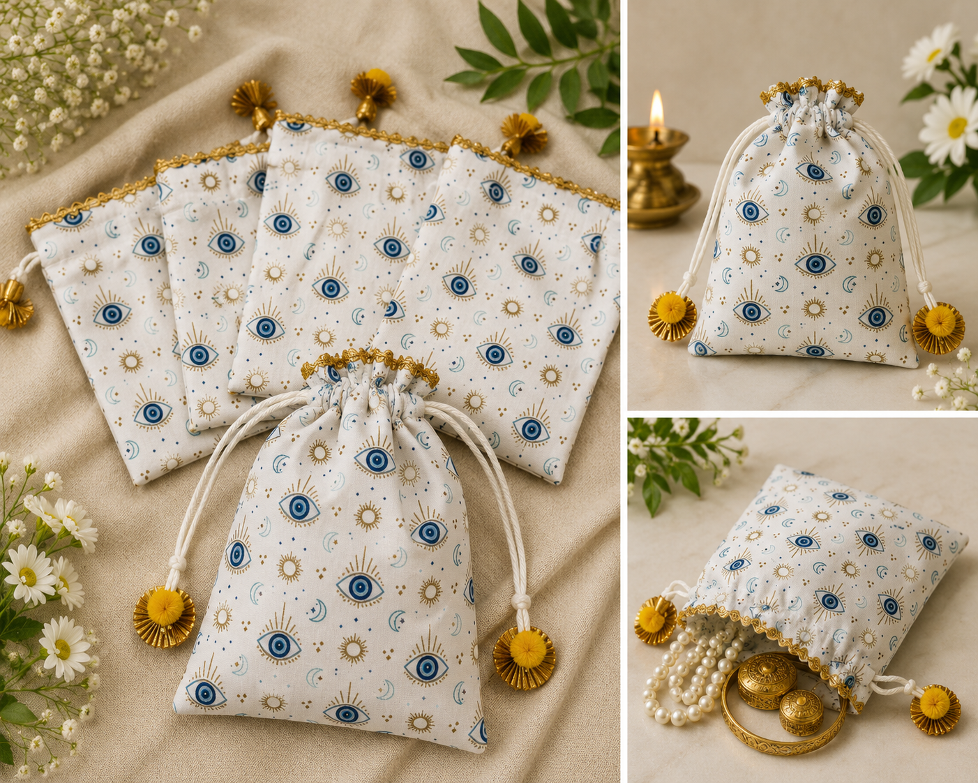 Evil Eye Potli Bag 7×9 Inch – Nazar Print Drawstring Return Gift Pouch | Set of 5