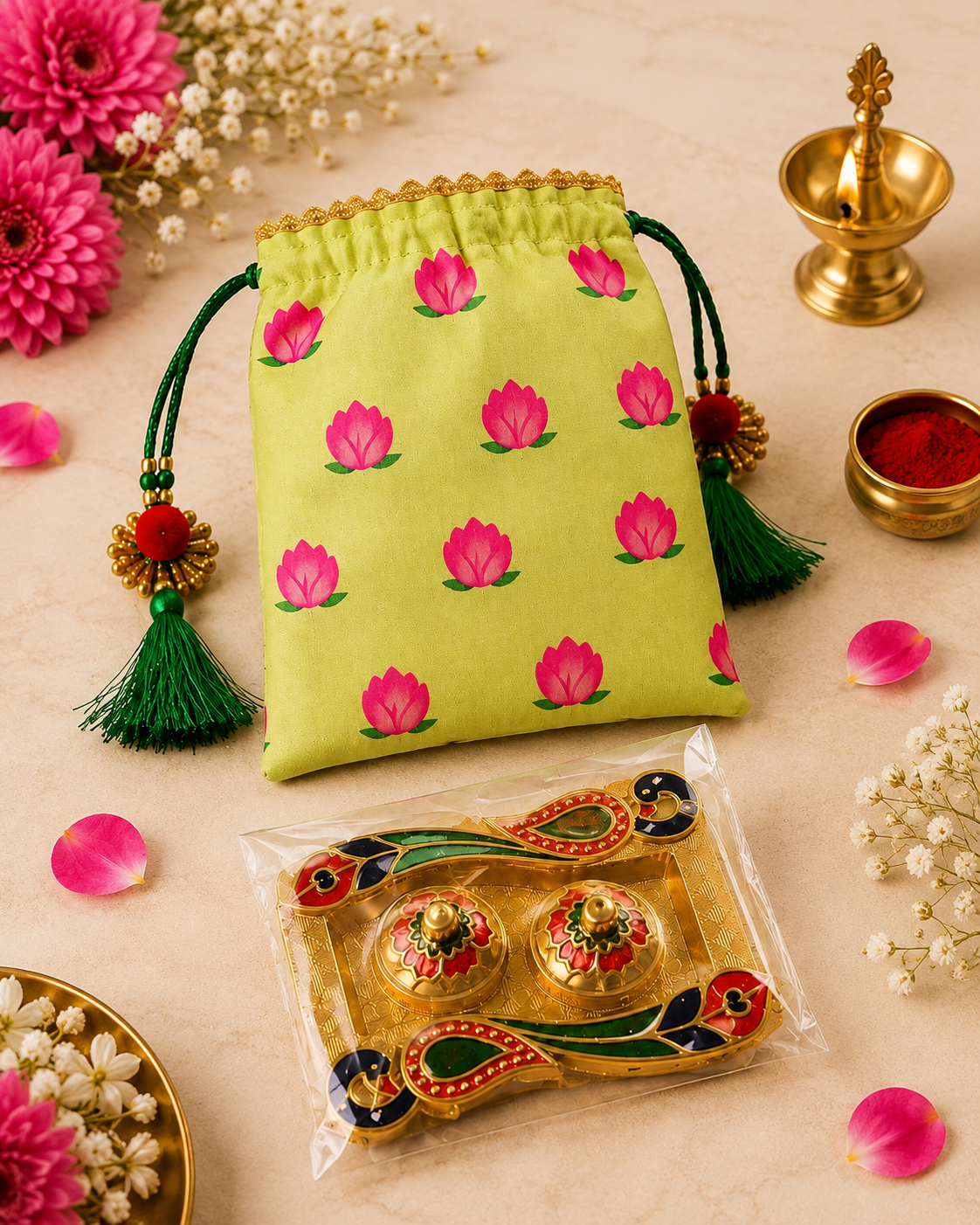 Lotus Fabric Potli Bag with Metal Kumkum Plate – Thamboolam Return Gift Combo | 7×9 Inch