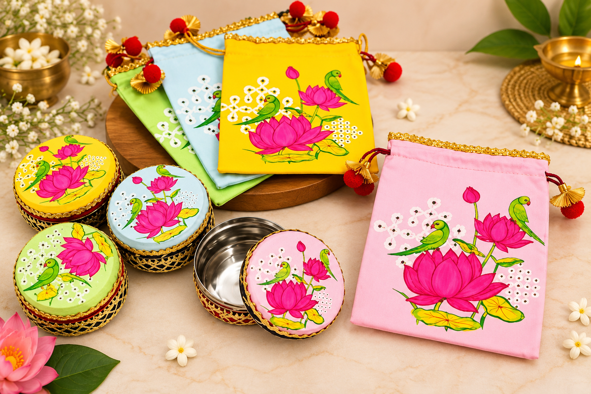 Lotus & Parrot Potli Gift Set of 10 | Stainless Steel Box | Housewarming & Return Gifts | Bulk Purchase